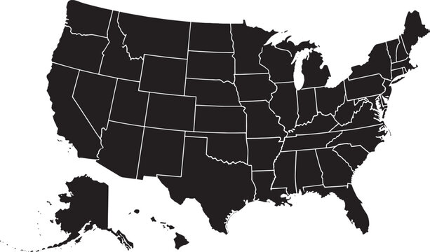 Black and white usa map with state outlines isolated on transparent background, Vector, illustration