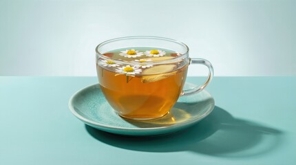 Herbal tea in clear glass cup with chamomile flowers floating on top, placed on a teal saucer, creating a calming and refreshing beverage concept with copy space