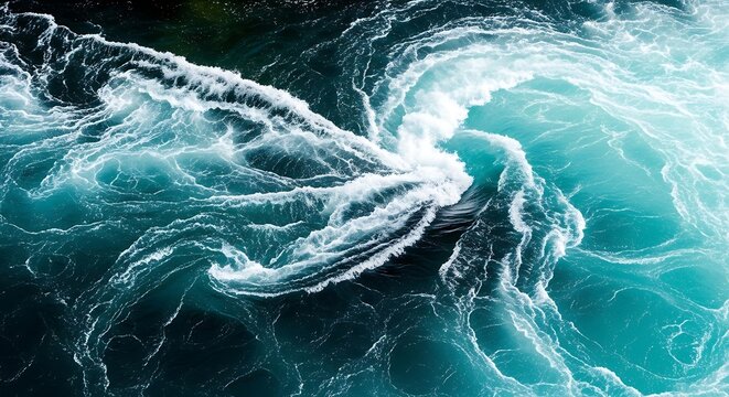 Churning turquoise ocean water with white foam creates powerful swirling vortex and turbulent motion