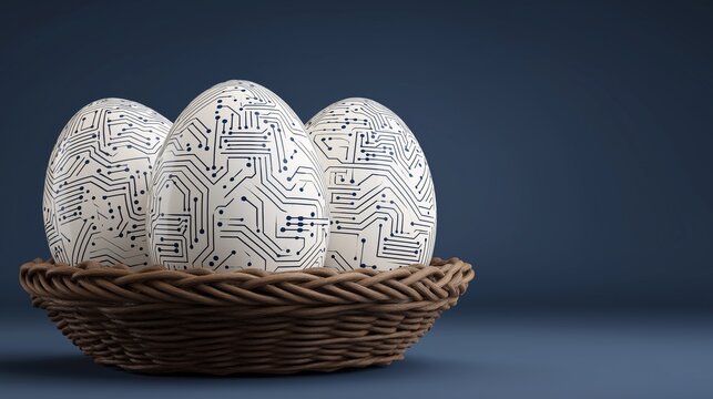 Easter technology concept with three ceramic eggs placed in a woven basket on dark background