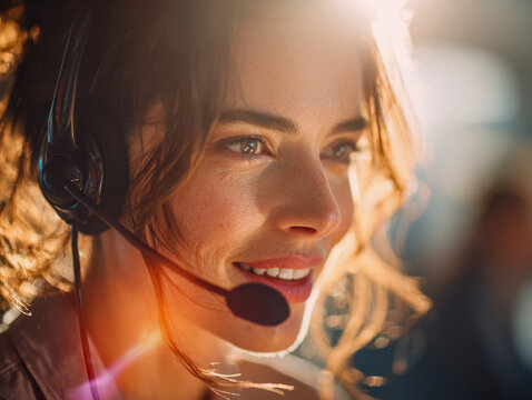 Smiling woman wearing headset providing customer support in a bright office environment with soft sunlight illuminating her face and hair strands