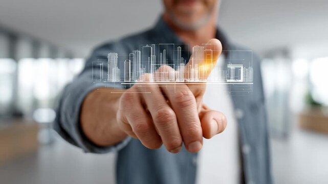 Male professional in casual attire interacts with a digital cityscape interface, showcasing a series of illuminated buildings and structures in a modern office environment