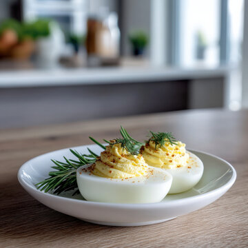 Deviled eggs creamy filling fresh herbs white plate wooden table kitchen background appetizer snack delicious homemade