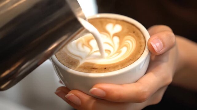 Close up on latte art being poured into a white coffee cup by a barista's hands