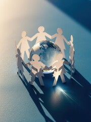 A group of paper cutout people holding hands around the globe on a blue surface