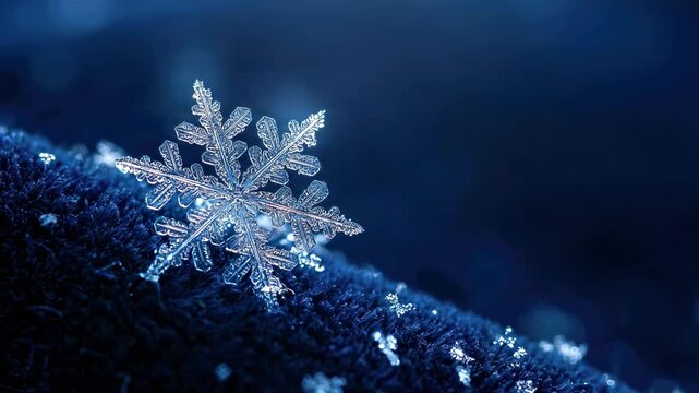 Extreme macro shot of a single crystal snowflake resting on a dark blue textured surface with soft lighting, showcasing the intricate geometric patterns of winter frost.