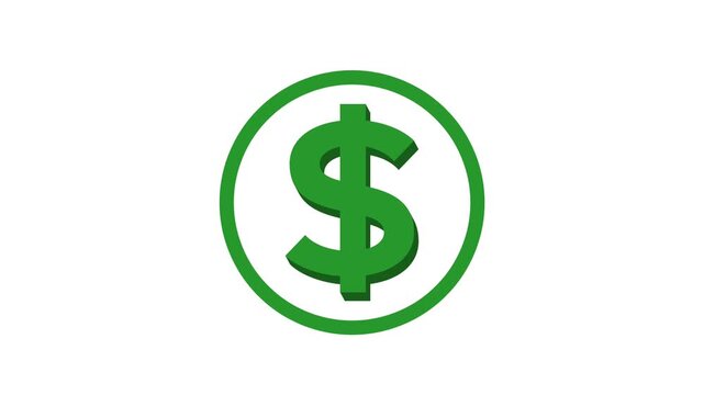 3d Animated green icon of dollar. Flat symbol of currency. Concept of business, money, finance. Simple flat vector illustration on white background