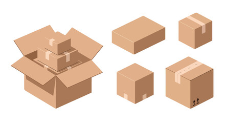 Fototapeta premium Isometric Cardboard Boxes Set Open Box with Nested Packages Closed Taped Parcels and Plain Brown Cartons.