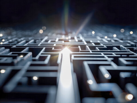 Illuminated arrow leading through a complex dark maze symbolizing guidance, focus, and finding the path forward in challenging situations or decision-making processe