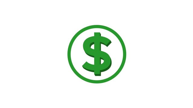 3d Animated green icon of dollar. Flat symbol of currency. Concept of business, money, finance. Simple flat vector illustration on white background