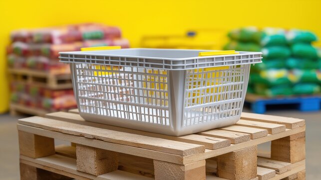 White plastic basket on wooden pallet in grocery warehouse with yellow background