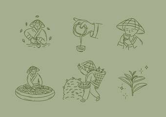 Tea collection with people harvesting prepare and drink hot beverage drawing in linear art style on light green background © anna42f