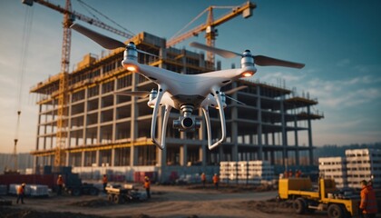 Naklejka premium Industrial drone flying above modern building construction site at sunset