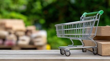 Empty shopping cart on outdoor wooden table with green background