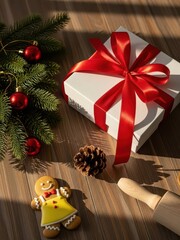 Christmas gift box with red ribbon and decorations on wooden table indoors