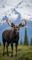 Obraz premium Moose portrait with snow mountain.