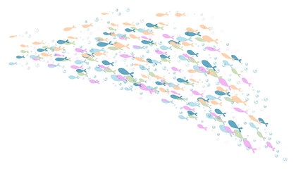School of fish and colorful bubbles on a transparent background