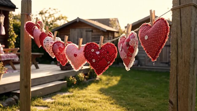 Valentine's Day decoration with heart-shaped ornaments on a clothesline in a backyard with a house in the background for festive holiday celebrations