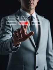 Man in suit interacting with virtual interface on black background