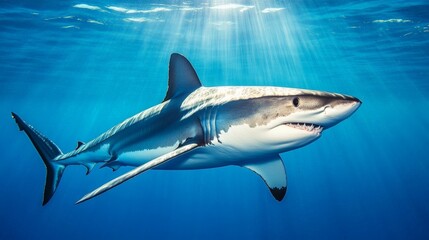 Obraz premium Majestic oceanic whitetip shark gracefully navigating the deep blue ocean, sunlight filtering through the surface, creating a captivating underwater scene