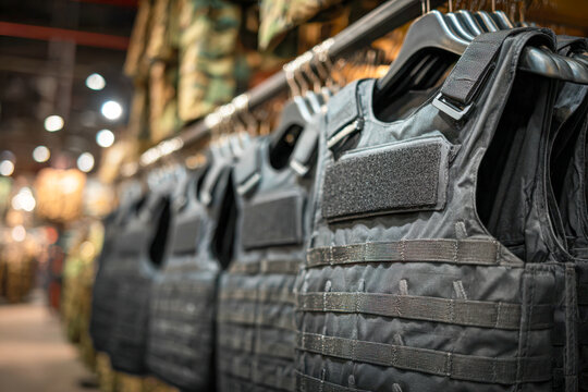 Tactical protective vests hanging on display hangers in a military gear store with a blurred background of additional equipment and lighting