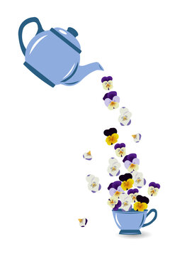 An interesting spring and summer design featuring flowers pouring from a teapot into a cup. Violets on a white background. Isolated design. Suitable for posters, banners, or flyers