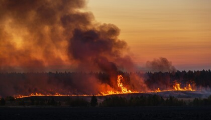 Fototapeta premium Destructive forest wildfire with bright flames and dark smoke at sunset.