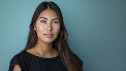 Fototapeta premium Portrait of a beautiful Native American woman with long dark hair against a blue background