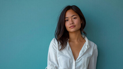 Obraz premium Portrait of a beautiful young woman with long dark hair wearing a white button-down shirt against a teal background