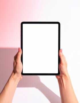 Woman Hands Holding a Blank Tablet Screen on Pink and White Background