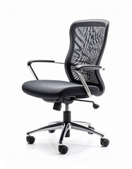 Black Mesh Office Chair with Adjustable Armrests and Chrome Base on White Backdrop