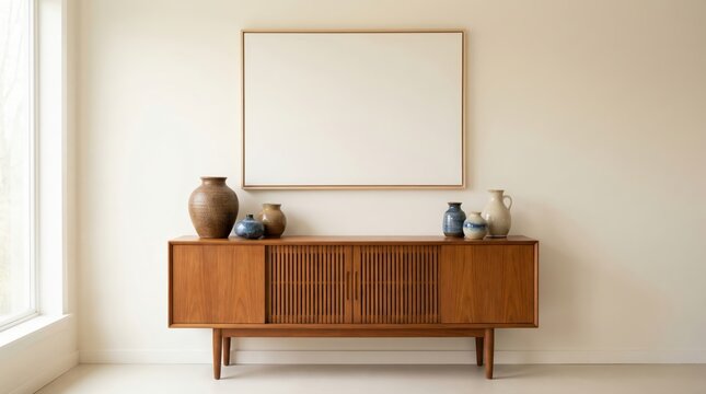 Mid-century modern wooden sideboard with ceramic vases and minimalist art in bright interior