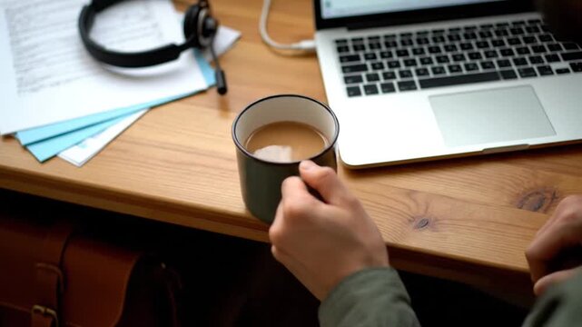 Close-up on hands holding a coffee mug near a laptop and headphones, remote work setup