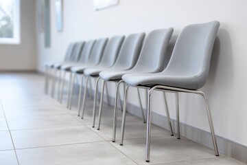 Obraz premium Row of modern gray chairs in a minimalist waiting area with tiled floor