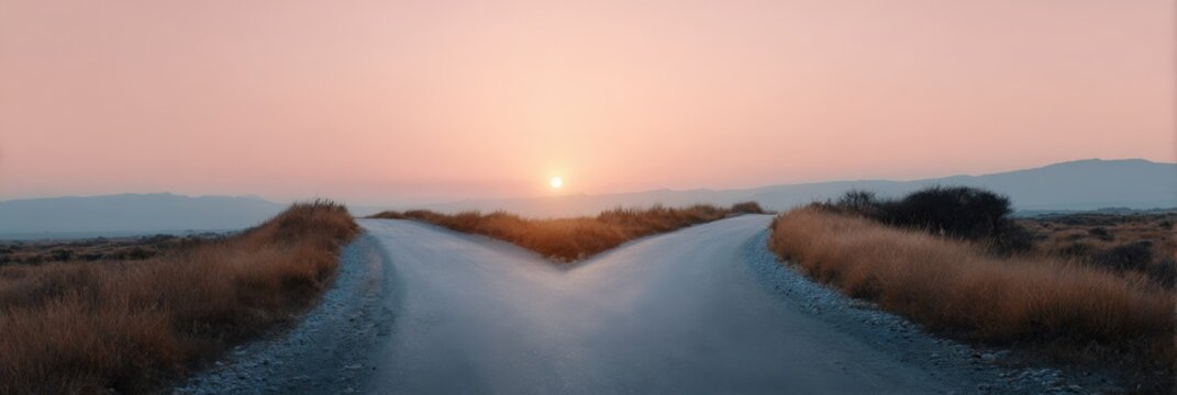 Sunrise over forked path in serene desert landscape