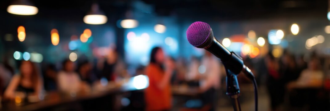 Vibrant microphone in dimly lit bar setting with blurred audience