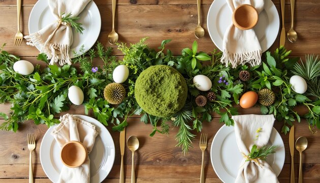 Decorated table with green foliage, eggs, and place settings. Spring season celebration. Natural festive dining for Easter.