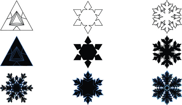Set of winter snowflake vector icons featuring geometric star shapes, fractal ice crystals, and minimalist triangular designs for holiday seasonal branding and Christmas decorative patterns.