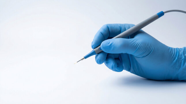 Surgeon gloved hands holding electrosurgical pencil with fine tip, ready for use, isolated on white background, soft diffused studio lighting, precise grip focus.