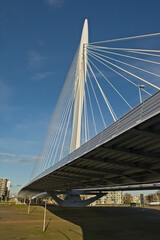 Obraz premium Architecture detail of Prins Clausbrug,cable-stayed bridge , low angle view on a cloudy sky. Utrecht,The Netherlands 