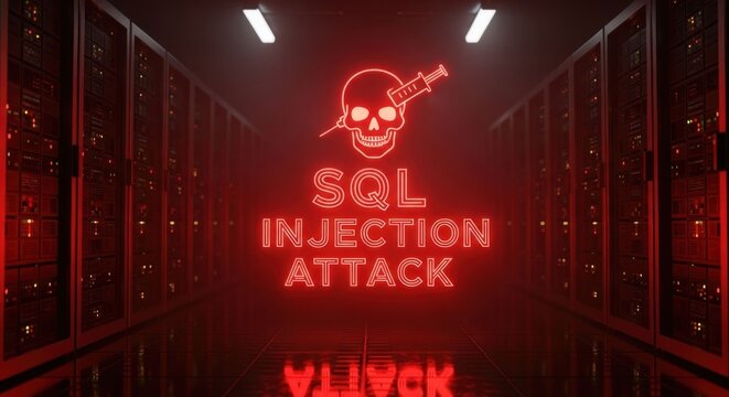 SQL Injection Attack Warning in Server Room with Red Neon Skull.