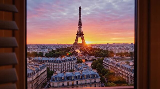 Eiffel Tower view from window at sunset in Paris France