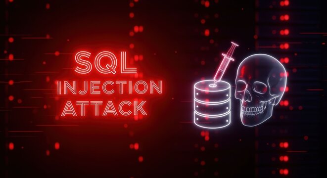 SQL Injection Attack - Database Security Threat with Skull and Syringe.