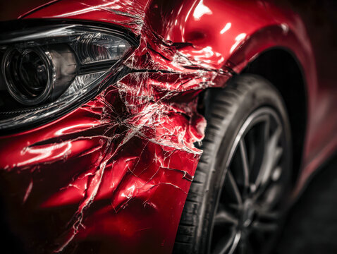 Damaged red car fender with severe dents and scratches close to the headlight and tire after a collision or accident on dark background