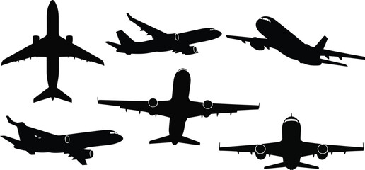 Collection of diverse aircraft silhouettes, black vector icons of stealth fighter, vintage biplane, helicopter, and commercial jet isolated on white. © Only