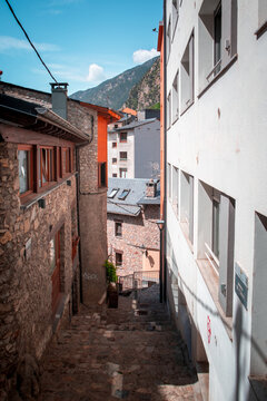 Narrow stone-paved street in the Old Town area of Andorra la Vella