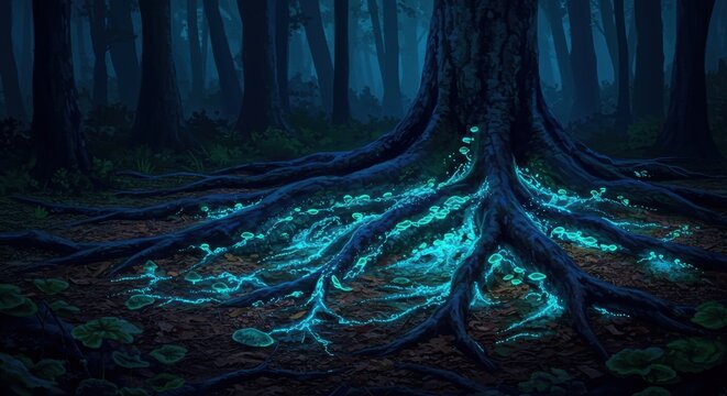 Enchanting Glowing Forest Mystical Tree Roots and Bioluminescent Fungi