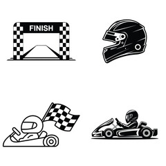 Black go-kart racing vector icons set with helmet and finish line isolated on white background