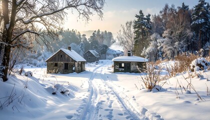 A serene winter scene with snow-covered buildings and a path leading through a frosted landscape, bathed in soft sunlight