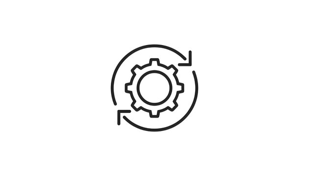 Minimal outline refresh icon combined with a settings gear, circular arrows wrapping around a cogwheel, thin editable stroke, modern system control UI icon, clean vector line on white background